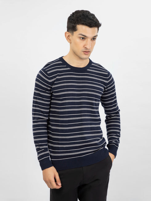 Navy Blue Striped Crew Neck Jumper