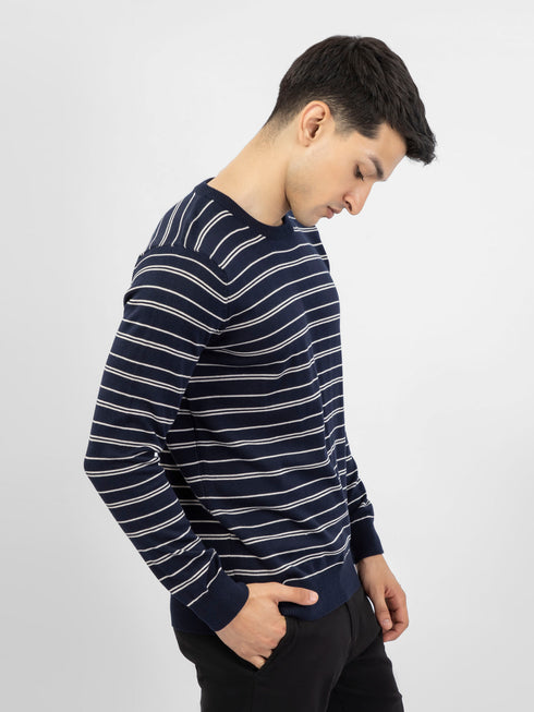 Navy Blue Striped Crew Neck Jumper