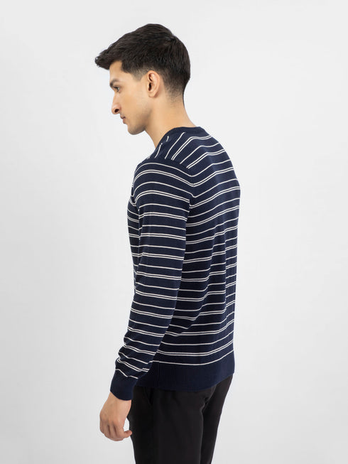 Navy Blue Striped Crew Neck Jumper