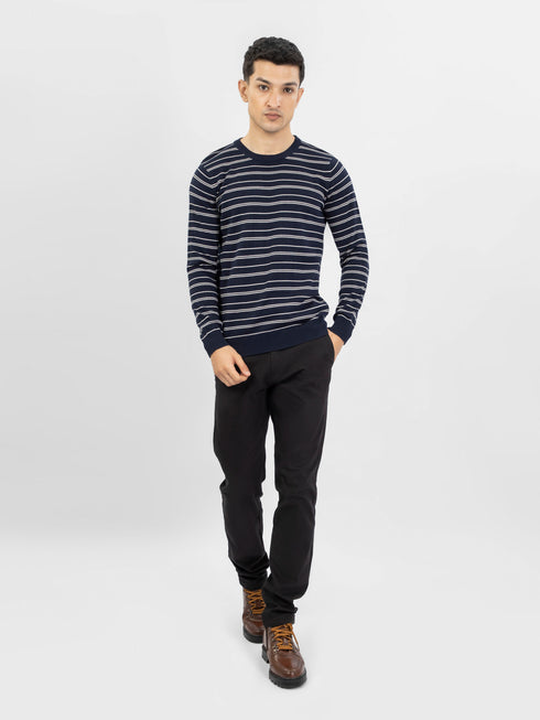 Navy Blue Striped Crew Neck Jumper