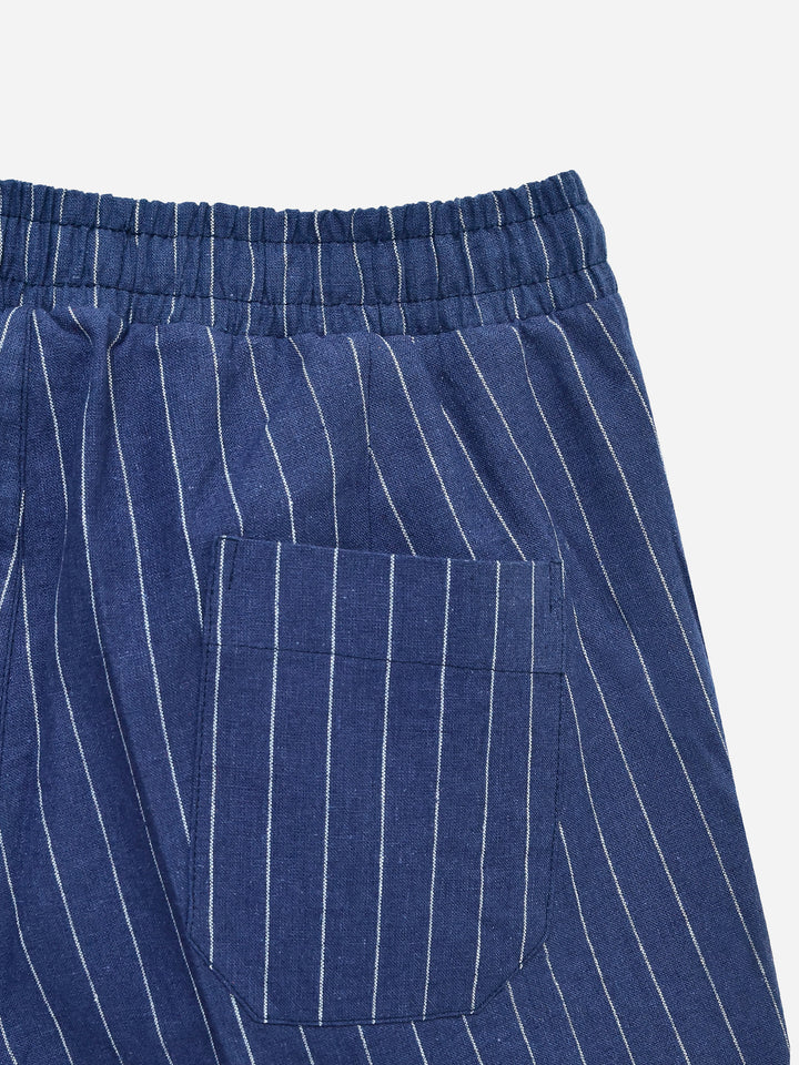 Navy Blue Striped Linen Blended Pajama Trouser - Women