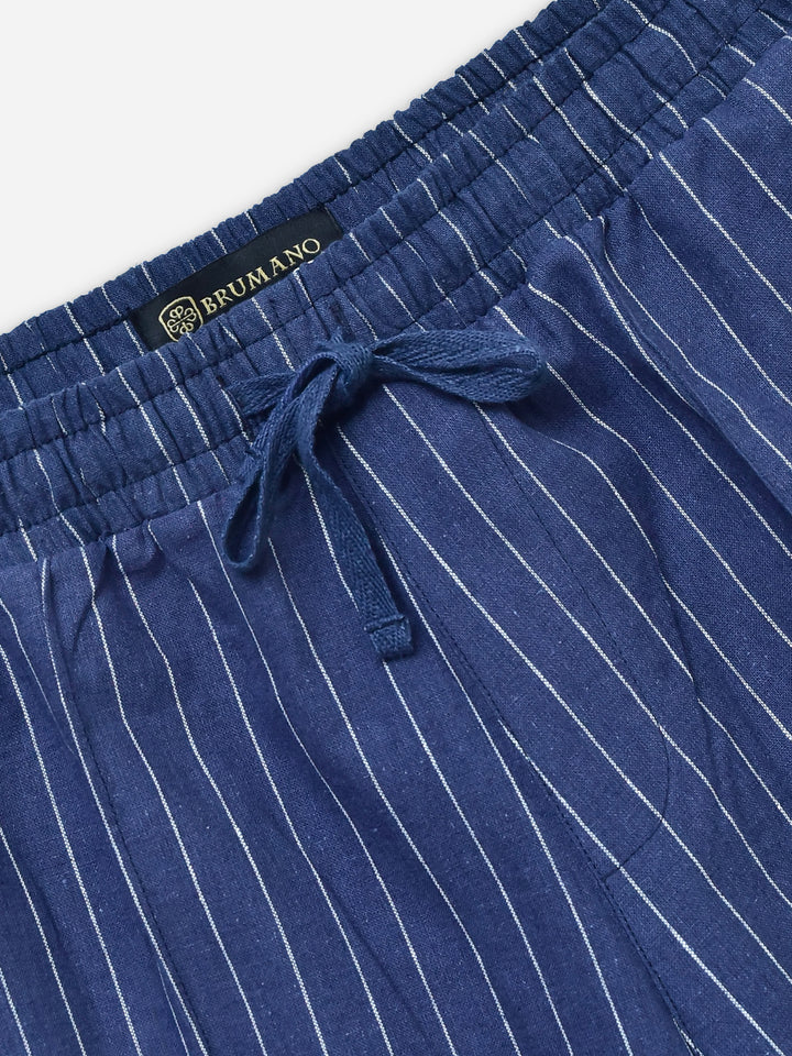 Navy Blue Striped Linen Blended Pajama Trouser - Women
