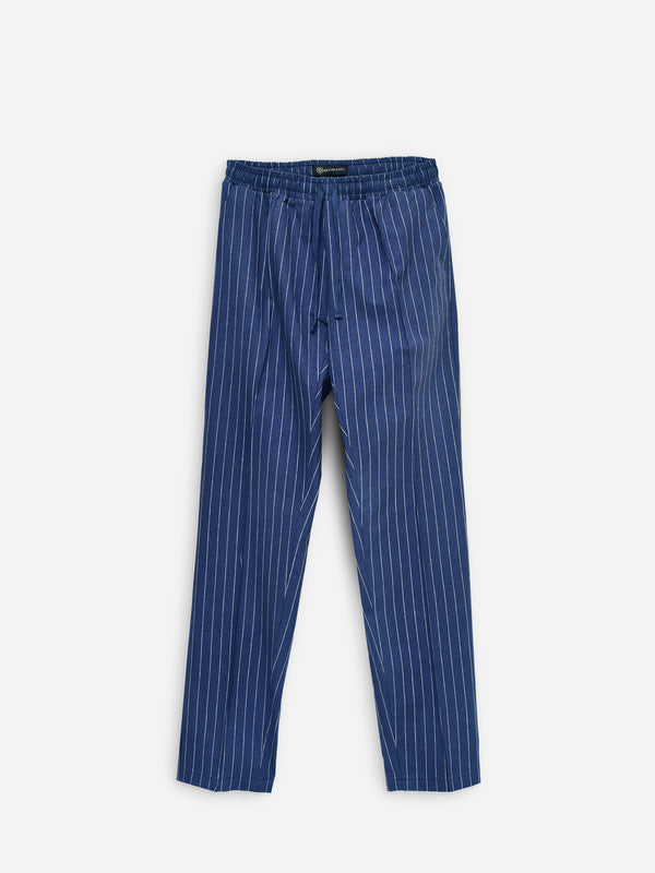 Navy Blue Striped Linen Blended Pajama Trouser