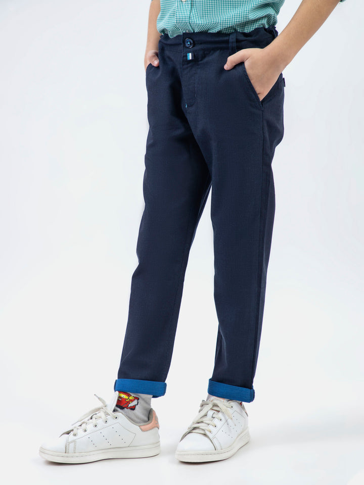 Navy Blue Striped Structured Casual Trouser