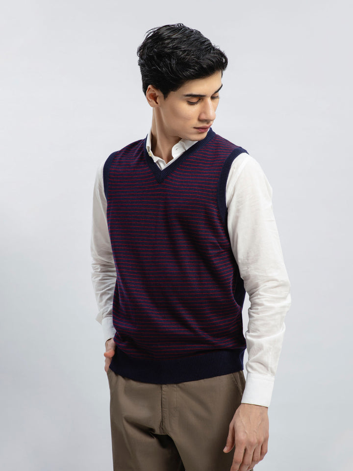 Navy Blue Striped Wool Blended Sleeveless Sweater Brumano Pakistan