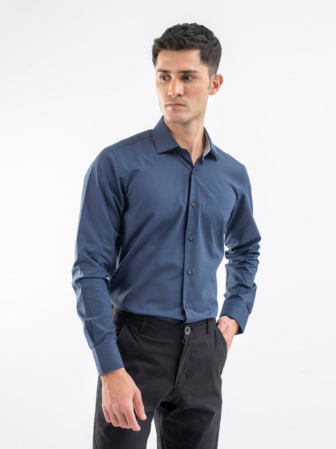 Navy Blue Structured Formal Shirt With Inner Collar Detailing