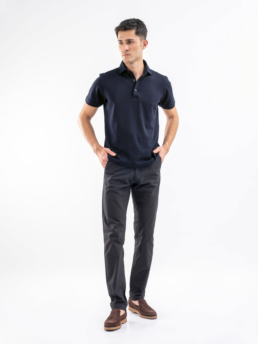 Navy Blue Structured Polo With Cutaway Collar