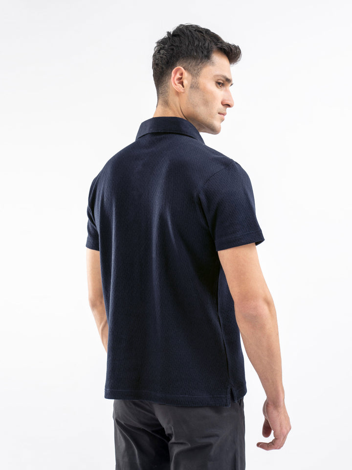 Navy Blue Structured Polo With Cutaway Collar