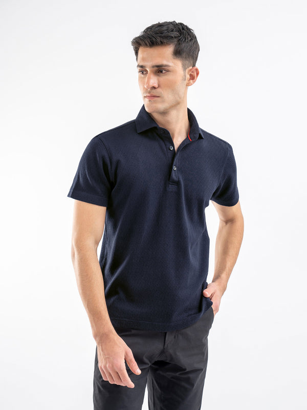 Navy Blue Structured Polo With Cutaway Collar