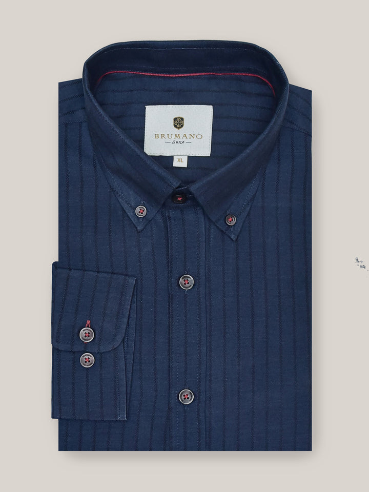 Navy Blue Structured Striped Shirt With Button Down Collar Brumano Pakistan