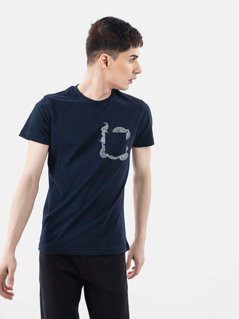 Navy Blue T-Shirt With Paisley Print & Pocket Brumano Pakistan