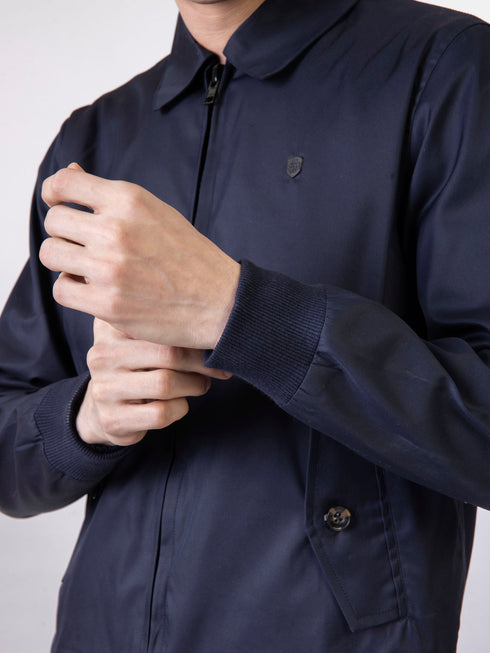 Navy Blue Twill Harrington Jacket With Collar