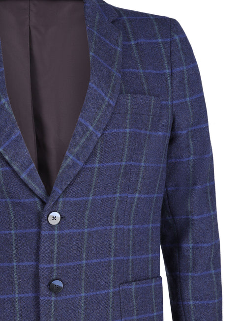 Navy Blue Windowpane Checkered Wool & Cashmere Blazer - Sartoria