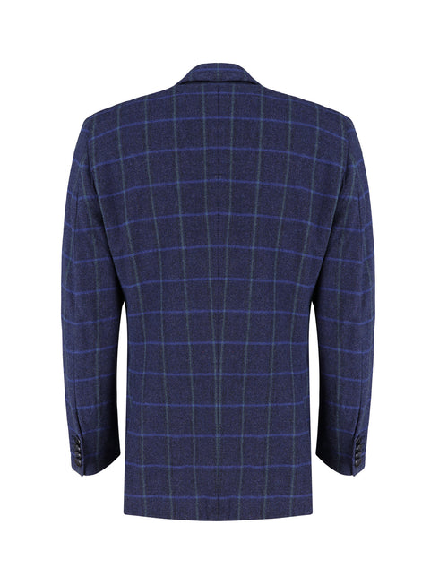 Navy Blue Windowpane Checkered Wool & Cashmere Blazer - Sartoria