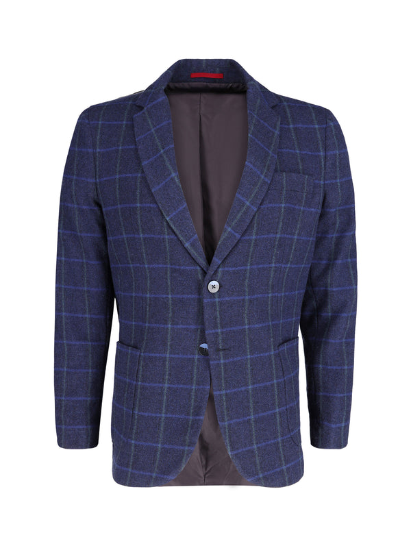 Navy Blue Windowpane Checkered Wool & Cashmere Blazer - Sartoria