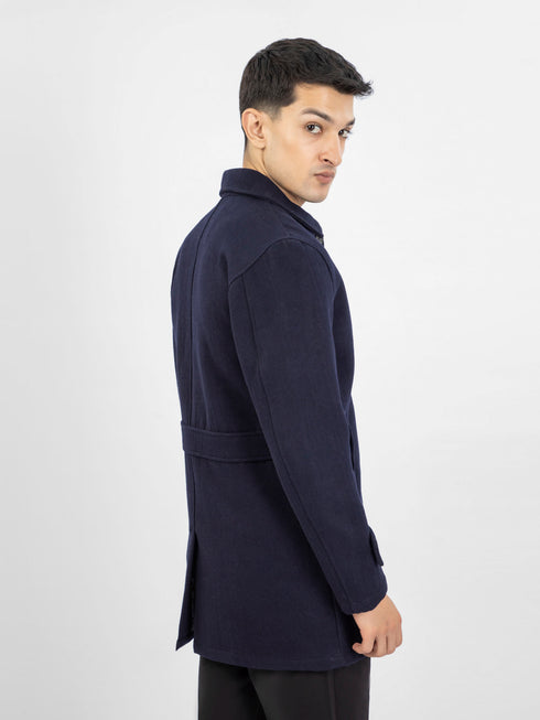 Navy Blue Wool Blended Long Coat With Collar