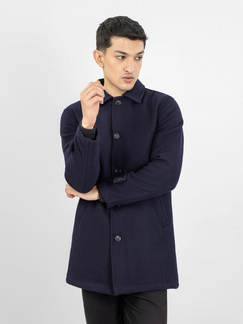 Navy Blue Wool Blended Long Coat With Collar