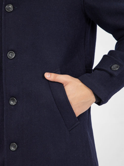 Navy Blue Wool Blended Long Coat With Collar