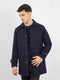 Navy Blue Wool Blended Long Coat With Collar