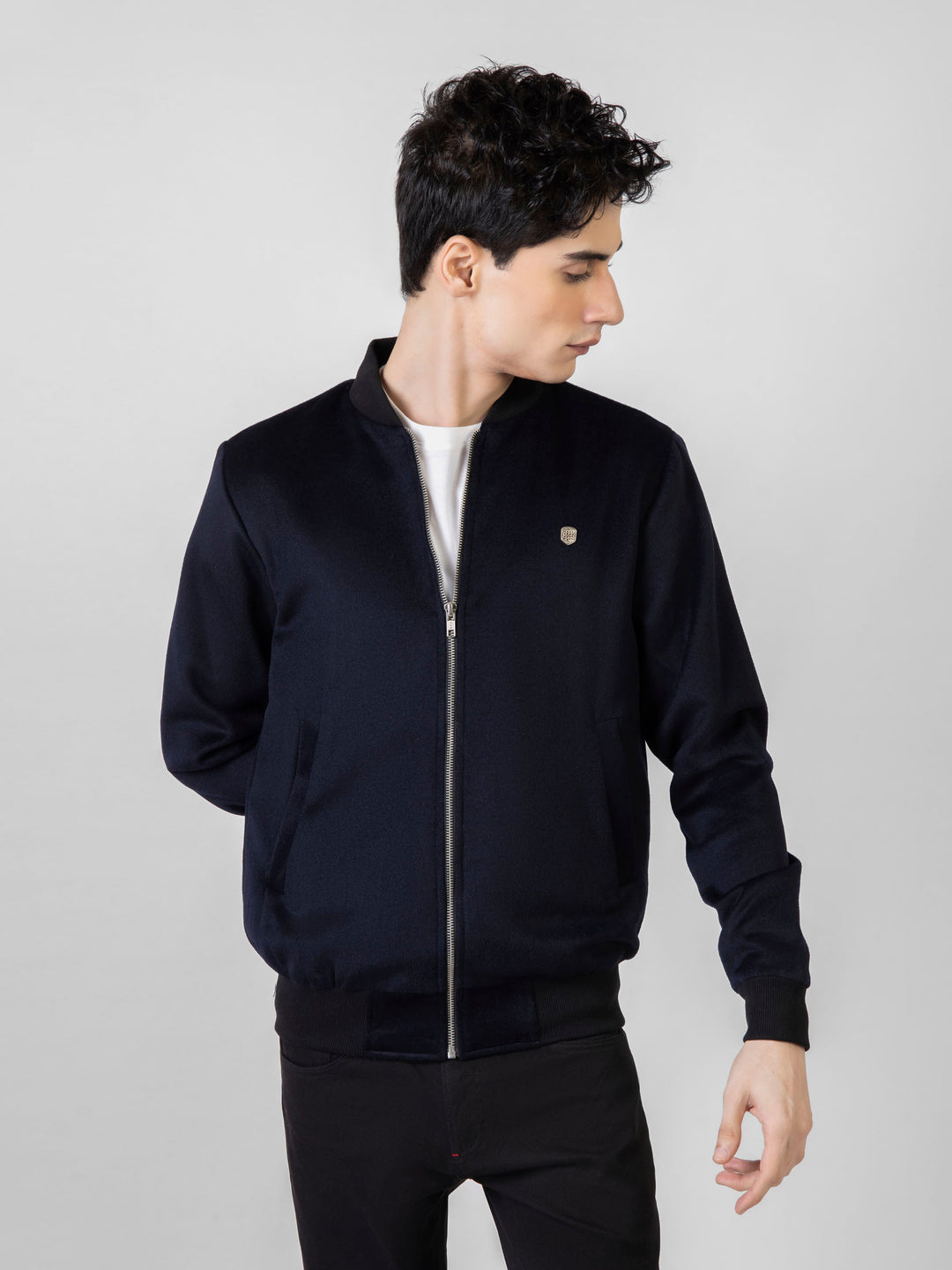 Navy blue wool bomber jacket brumano pakistan
