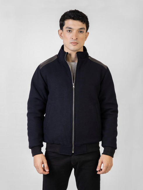 Navy Blue Woolen Quilted Jacket