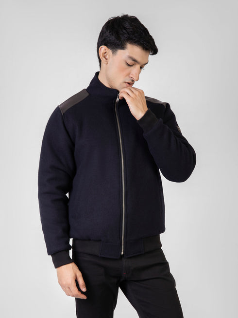 Navy Blue Woolen Quilted Jacket