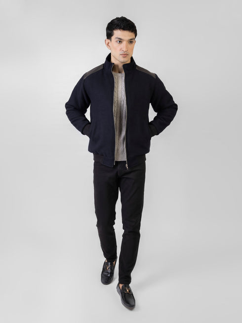 Navy Blue Woolen Quilted Jacket