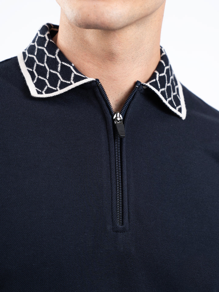 Navy Blue Zipper Polo With Jacquard Collar