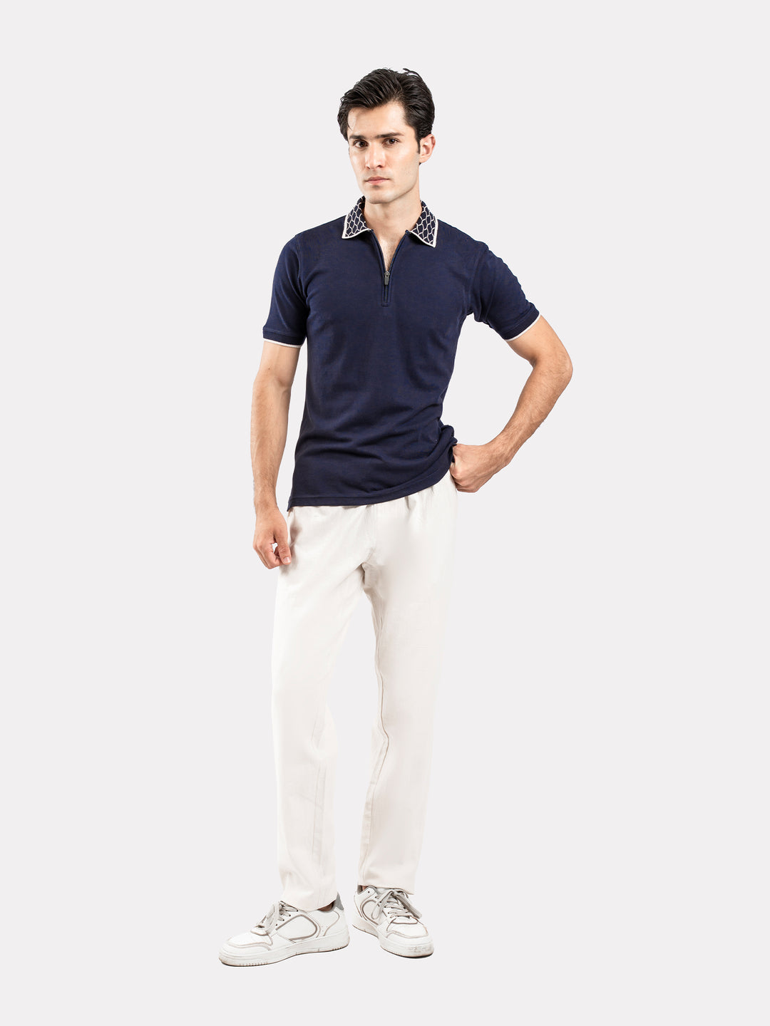 Navy Blue Zipper Polo With Jacquard Collar
