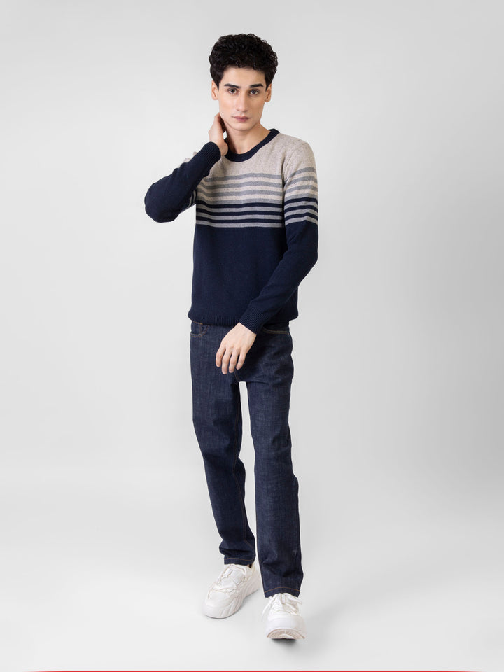Navy Blue & Beige Contrasting Striped Crew Neck Jumper