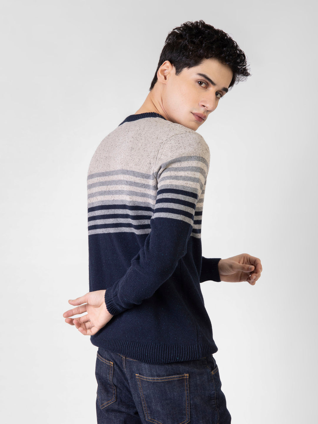 Navy Blue & Beige Contrasting Striped Crew Neck Jumper