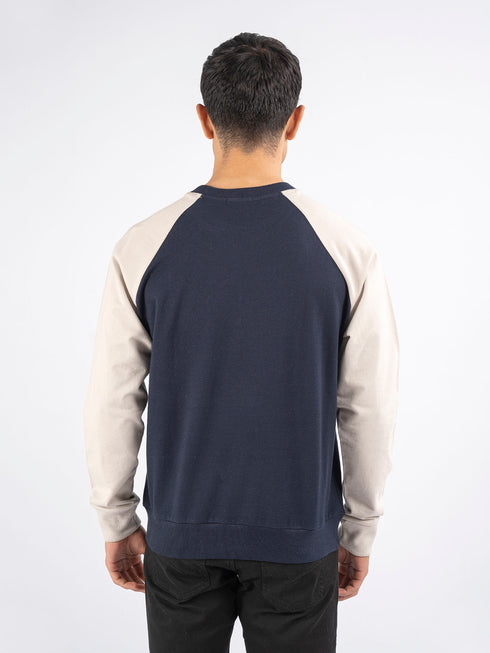 Navy Blue & Beige Raglan Sleeves Crew Neck Sweatshirt