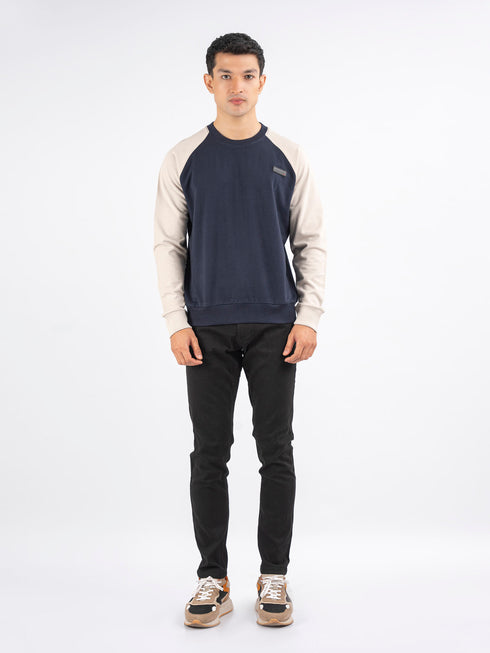 Navy Blue & Beige Raglan Sleeves Crew Neck Sweatshirt