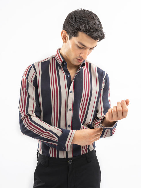Navy Blue & Beige Striped Button Down Shirt