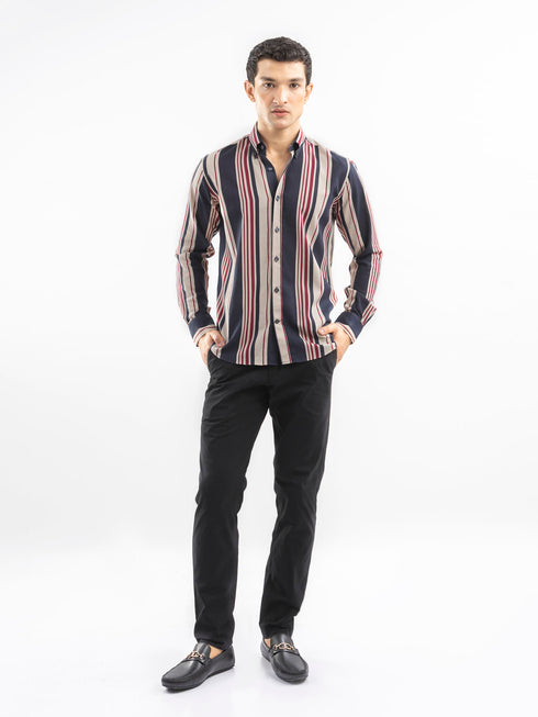 Navy Blue & Beige Striped Button Down Shirt