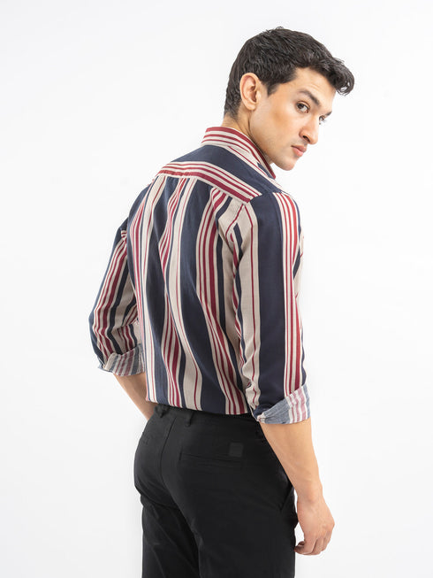 Navy Blue & Beige Striped Button Down Shirt