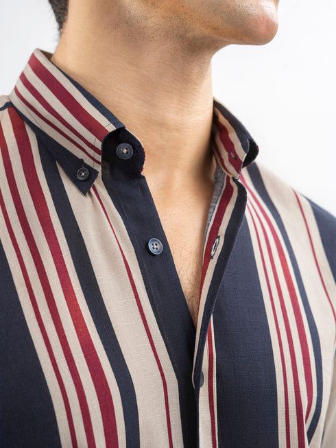Navy Blue & Beige Striped Button Down Shirt