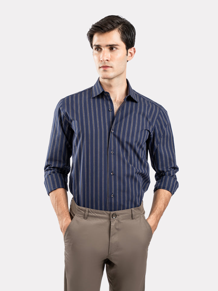 Navy Blue & Black Striped Formal Shirt