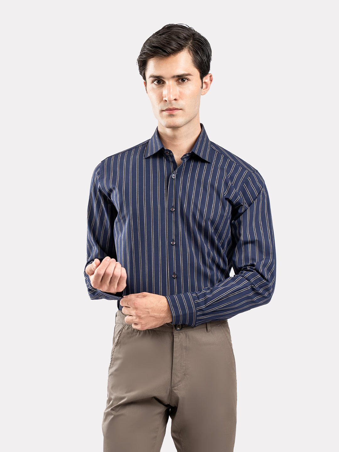 Navy Blue & Black Striped Formal Shirt