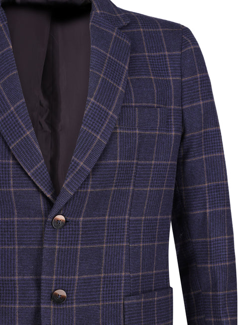 Navy Blue & Brown Checkered Wool & Cashmere Blazer - Sartoria