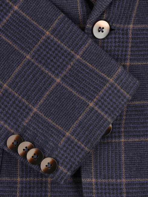 Navy Blue & Brown Checkered Wool & Cashmere Blazer - Sartoria