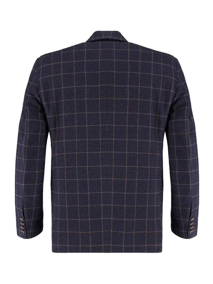 Navy Blue & Brown Checkered Wool & Cashmere Blazer - Sartoria