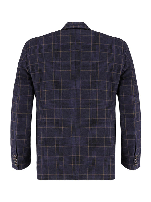 Navy Blue & Brown Checkered Wool & Cashmere Blazer - Sartoria