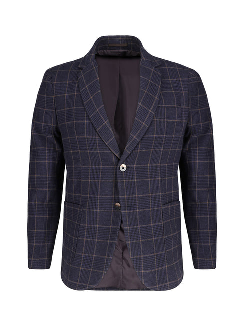 Navy Blue & Brown Checkered Wool & Cashmere Blazer - Sartoria