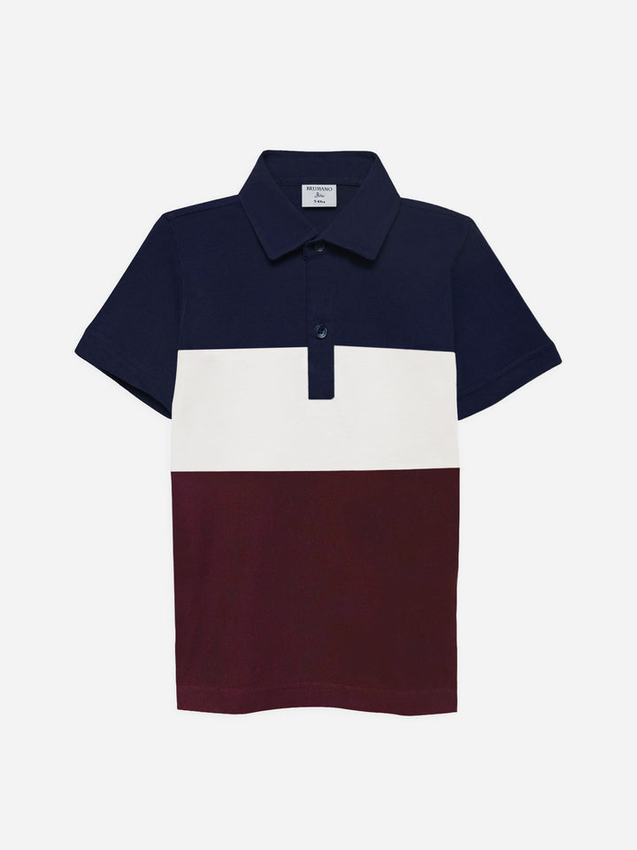 Navy Blue & Burgundy Three Tone Casual Polo
