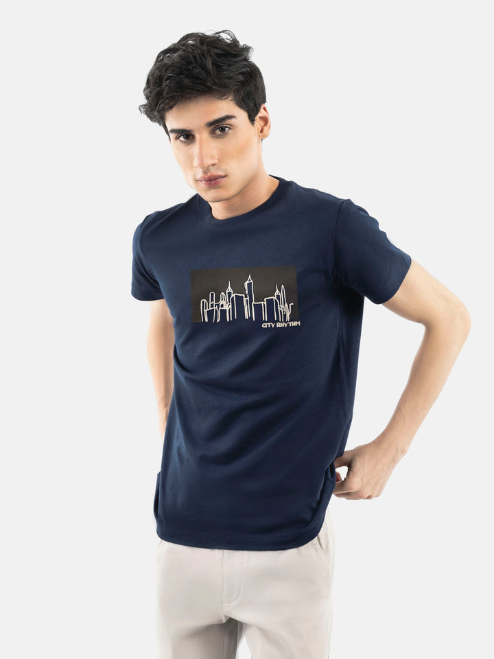 Navy Blue 'City Rhythm' Graphic Printed T-Shirt Brumano Pakistan
