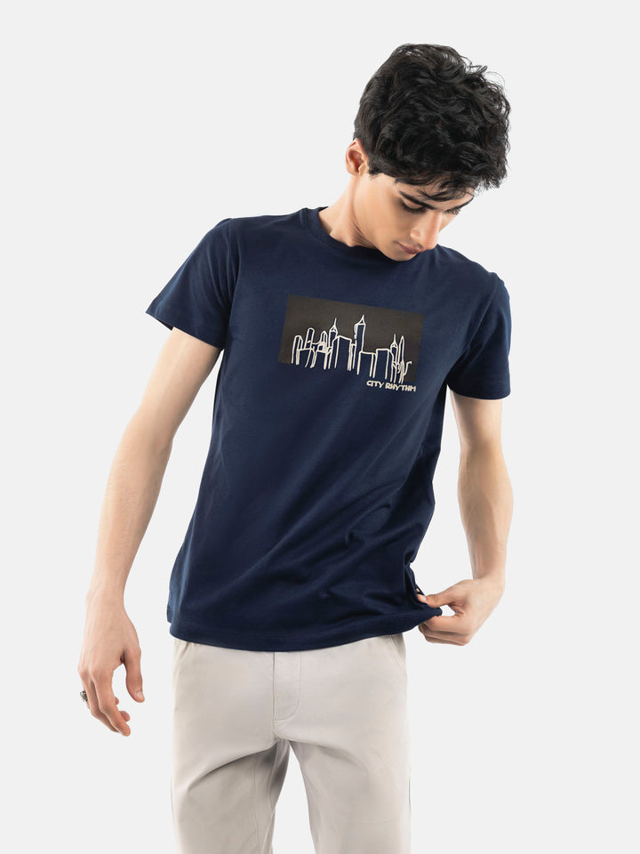 Navy Blue 'City Rhythm' Graphic Printed T-Shirt Brumano Pakistan