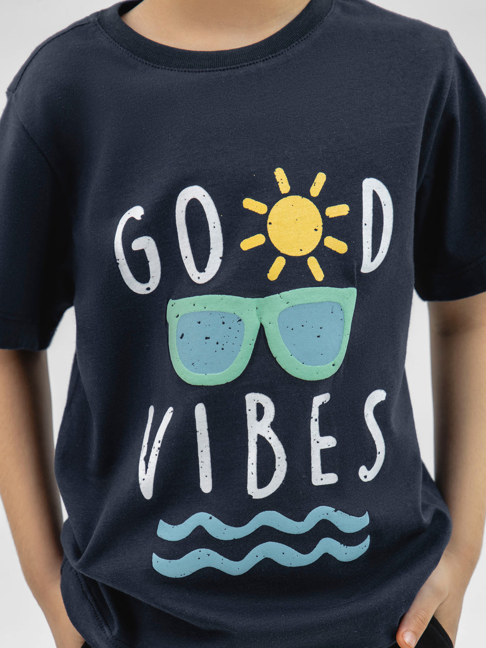 Navy Blue 'Good Vibes' Printed Casual T-Shirt