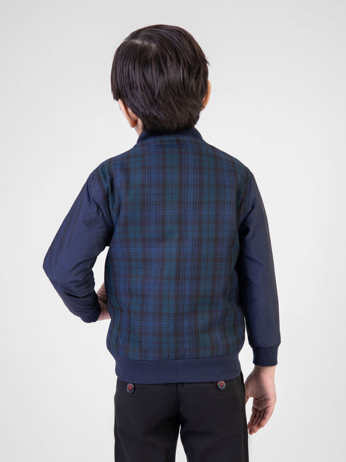 Navy Blue & Green Checkered Quilted Bomber Jacket