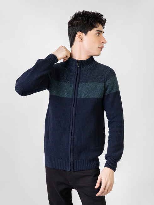 Navy Blue & Green Chunky Knitted Zipper Jacket